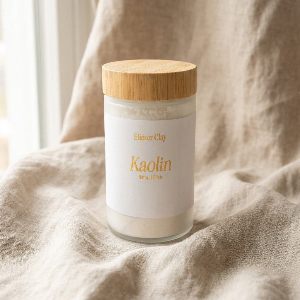 Jar of Eliézer Clay Australian kaolin clay resting on soft natural linen in window light