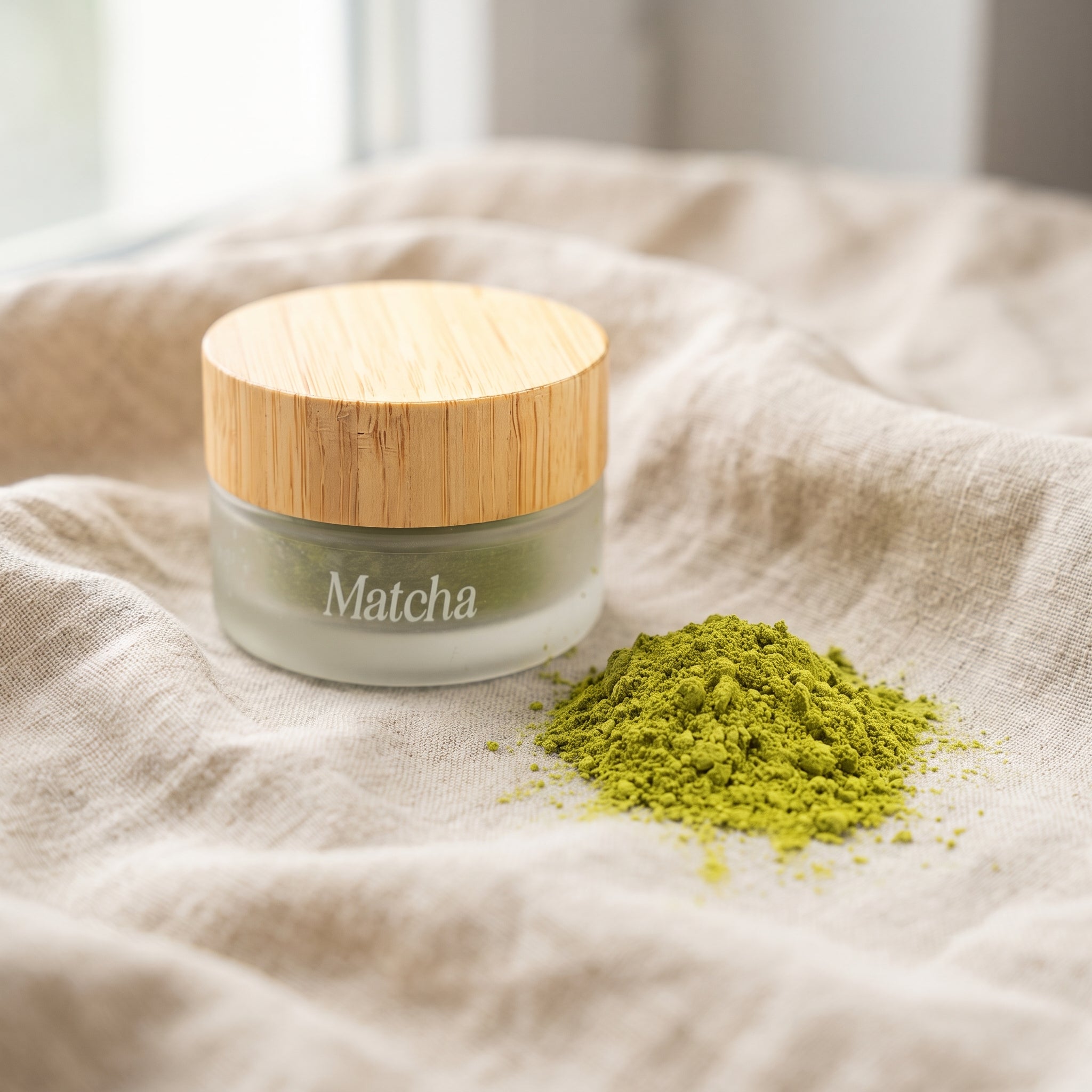 Jar of Eliézer Clay matcha powder on crumpled natural linen in warm oat tones