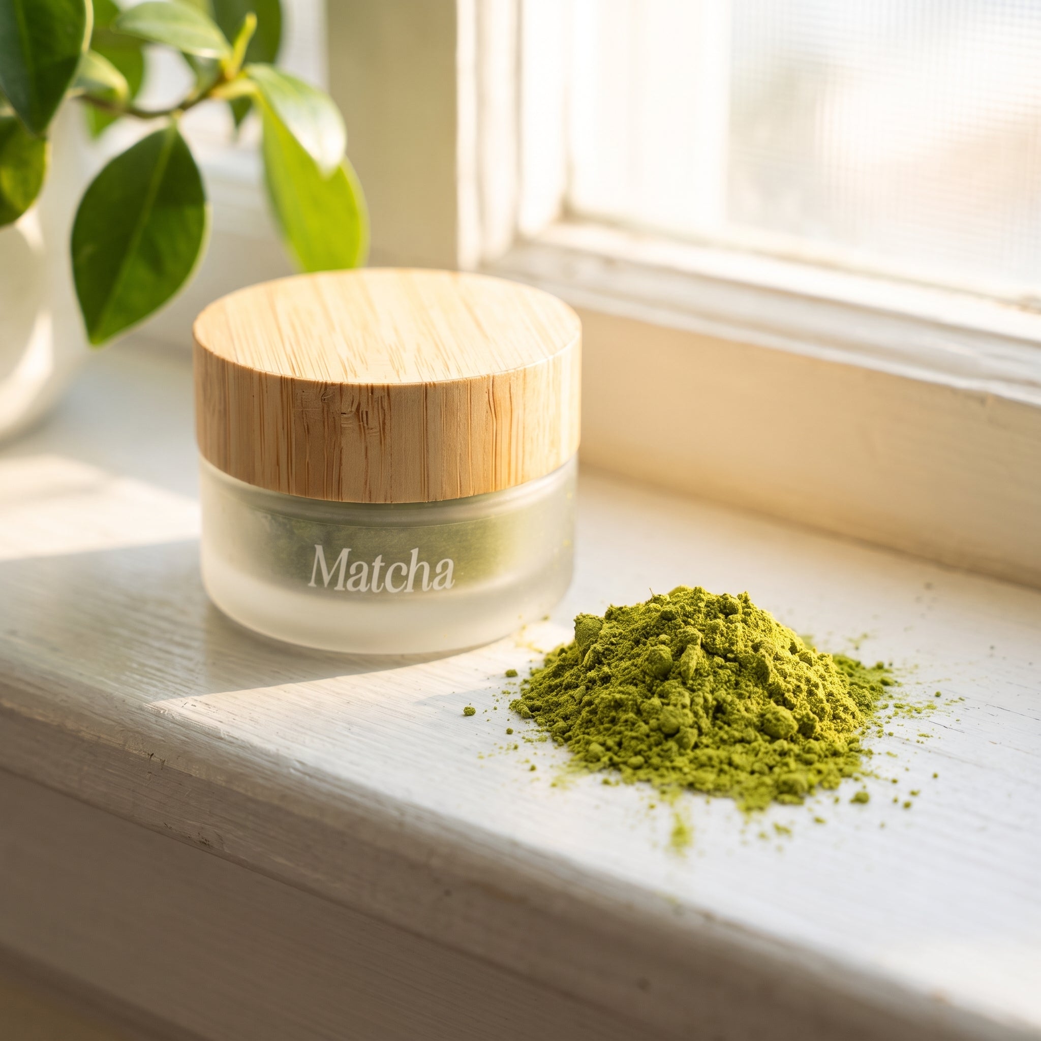 Jar of Eliézer Clay matcha powder on a painted timber windowsill beside a blurred green plant